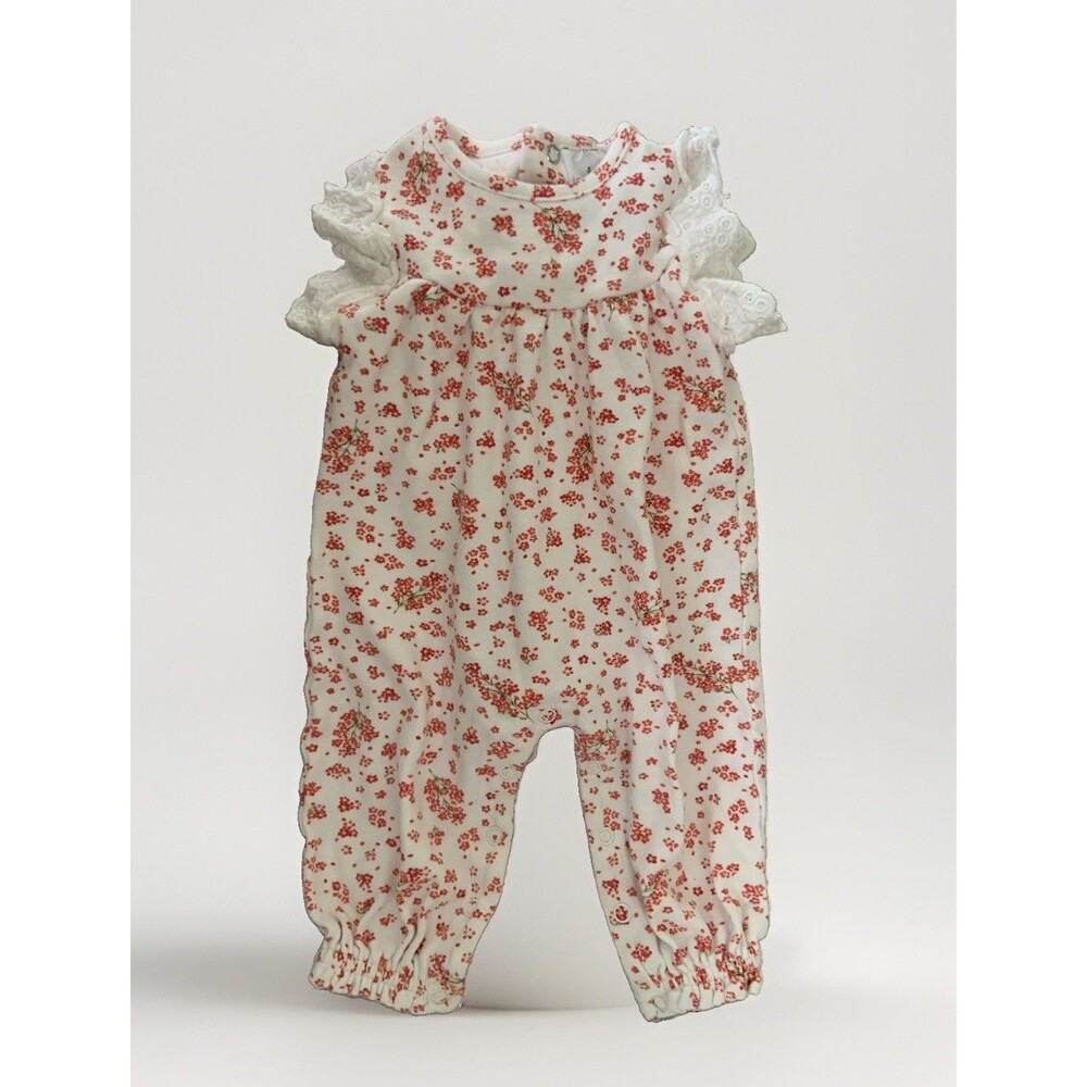 Baby Girl Laura Ashley Floral Romper Size 6/9m Eyelet Sleeves Deep Orange